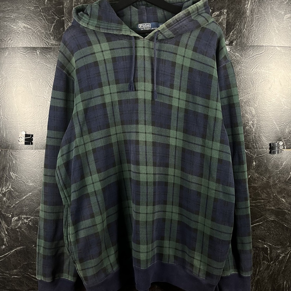 Polo Ralph Lauren Men's Green Tartan Plaid Vtg Fleece Hoodie XXL